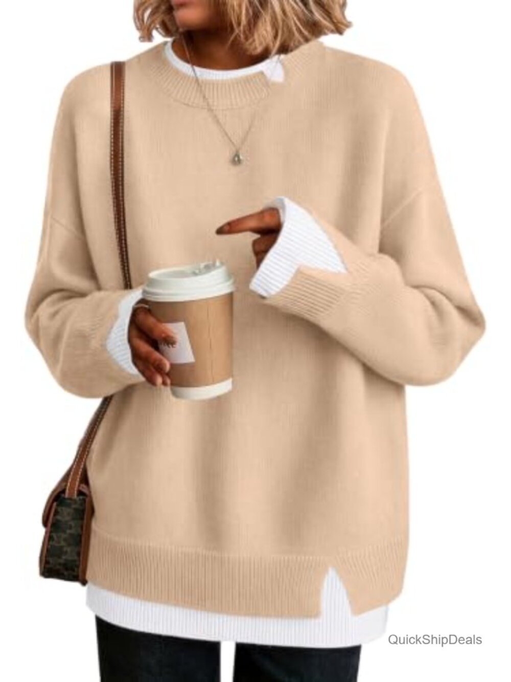 Womens Oversized Color Block Pullover Sweater Loose Fit Crew Neck Long Sleeve